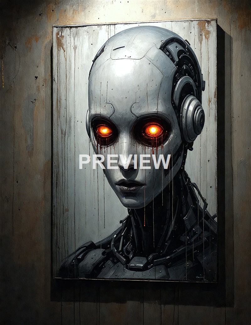A robotic humanoid face with glowing orange eyes and a sleek, metallic design, displayed as a painting on a rough, stained wall.